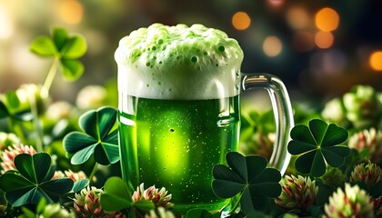 Vibrant green beer overflowing with foam, surrounded by fresh clover leaves, celebrating festive spirit