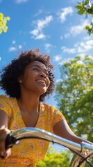 Poster - A woman is riding a bike and smiling