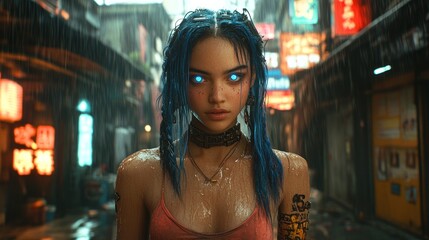 Poster - Cyberpunk Woman in the Rain