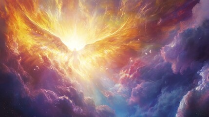 A vibrant depiction of a radiant phoenix rising amidst colorful clouds at dawn showcasing celestial beauty and transformation