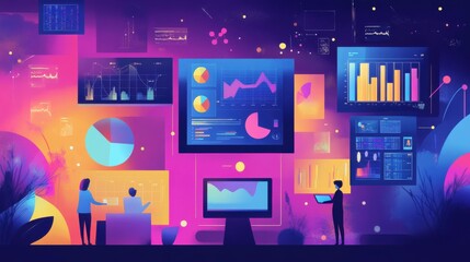 Leinwandbilder - Dynamic data analysis and visualization in a modern workspace showcasing colorful graphs and statistics on multiple screens