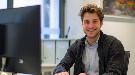 Fototapete - A man is sitting at a desk with a computer monitor in front of him
