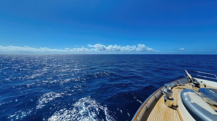 Clear blue skies and an open ocean vista from the deck of a yacht, with no land in sight and the horizon stretching endlessly