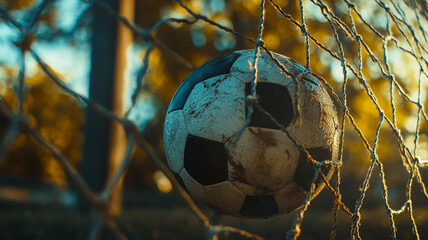 Wall Mural - A close-up of a dirty soccer ball caught in a net during golden hour at a local field