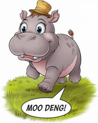 Cartoon hippo in a hat, cheerful on green grass.