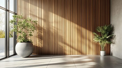 Minimalist Interior with Wooden Wall and Two Plants