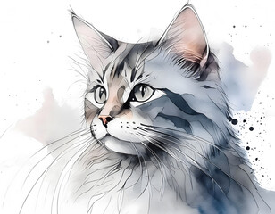 Oil portrait of head of a pretty long-haired cat