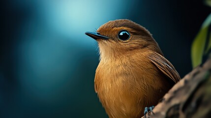 Canvas Print - A small brown bird with big eyes sitting on a branch, AI