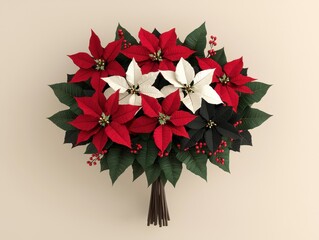 colorful bouquet of red, white, and green poinsettia flowers on a neutral background.