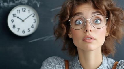 Poster - A woman with glasses and a clock in the background, AI