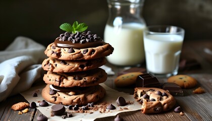 Wall Mural - Delicious Chocolate Chip Cookies Paired with Milk for a Perfect Snack