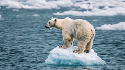 polar bear stranded on a small iceberg surrounded by open water, climate change impact, symbol of ar