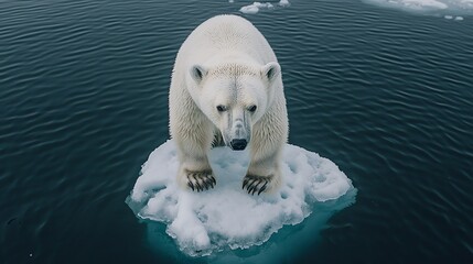 Wall Mural - polar bear stranded on a small iceberg surrounded by open water, climate change impact, symbol of ar
