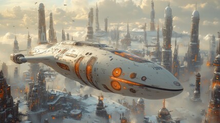 Canvas Print - Spaceship Flying Over Futuristic City