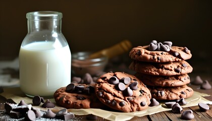 Wall Mural - Delicious Chocolate Chip Cookies Paired with Milk for a Perfect Snack