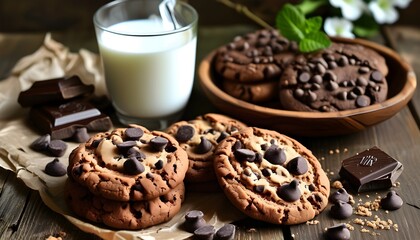 Wall Mural - Delicious Chocolate Chip Cookies Paired with Milk for a Perfect Snack