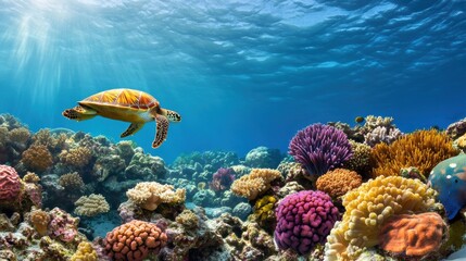 Poster - A turtle swimming over a colorful coral reef with sunlight shining through, AI