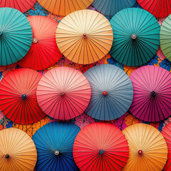 Colorful Chinese paper umbrellas are lined up