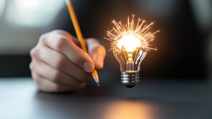 Wall Mural - A hand holding a pencil, drawing a light bulb with sparks around it, representing a moment of inspiration and new ideas.