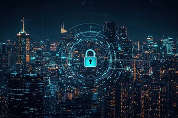 Cyber security concept with glowing padlock on digital city background