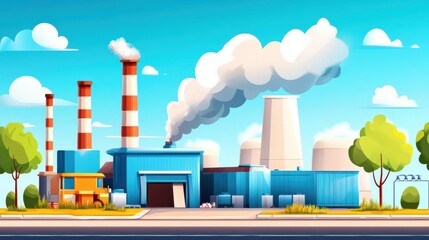 Wall Mural - Colorful Industrial Landscape with Smokestacks and Trees