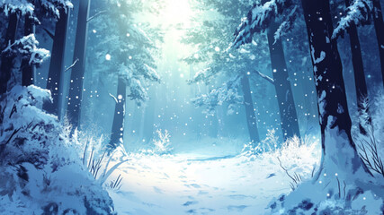 A snowy forest scene. Open towards the center. In a lineless, textured, simplified digital art style 