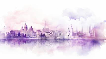 Poster - purple, lavender silhouette of the city, spring watercolor illustration on a white background, cityline liquid paint