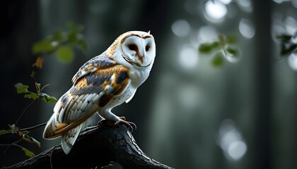 Wall Mural - Mysterious Barn Owl perched silently on a branch amidst the shadows of a dark forest