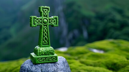 Green Celtic Cross Against Nature's Backdrop