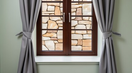 Double-pane window with dark wooden frame and light gray curtains, showing a view of a beige stone wall, perfect for interior design or home decor visuals.