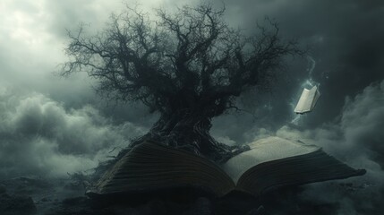 Isolated tree with demonic features, sharp branches, and no leaves, alongside a floating evil book emitting grey light and dark magic