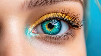 Sticker - A close up of a woman's eye with bright blue and yellow makeup, AI