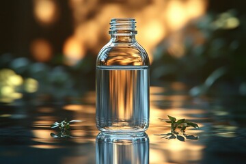 Poster - Glass Bottle with Water and Green Leaves