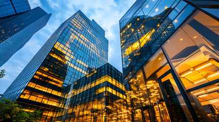 Wall Mural - From below entrance of the office building next to contemporary high-rise structures Modern skyscrapers with glass mirrored walls and illuminated lights in City against cloud blue sky background.