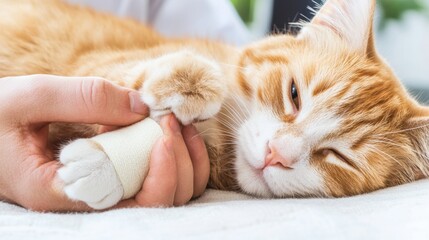 Canvas Print - A person holding a cat with an injured paw on their lap, AI