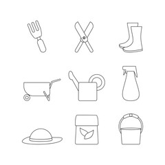 Wall Mural - Gardening equipment doodle line symbol sign icon collection. outline style. isolated illustration