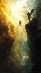 good and bad determination A surreal scene depicting a figure balancing on a tightrope above a chasm, symbolizing the struggle between light and darkness.