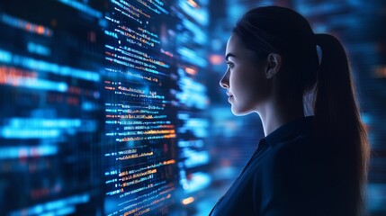 Focused Woman Programmer with AI Code. Hologram and Digital Software for Cybersecurity and Website Development at Night