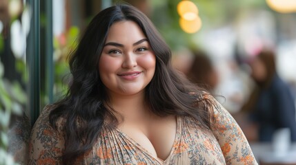 Central Asian Woman Smiling in Outdoor Cafe, Perfect for Print, Card, or Poster Design