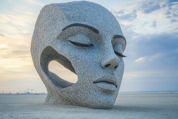 Woman's Face Sculpture on Beach