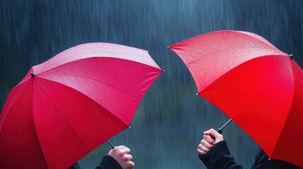 Canvas Print - Two people holding red umbrellas in the rain, AI