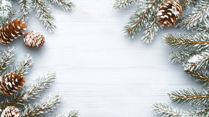 Wall Mural - winter background with space for text. wooden snowy white background with fir branches and pine cone