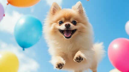 a cute Pomeranian jumping with joy and happiness, background is blue bright sky and colorful balloons.