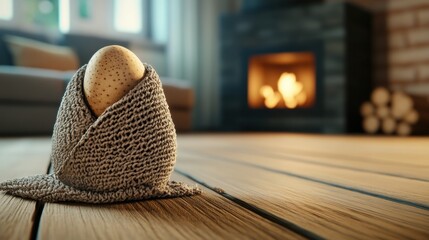 Canvas Print - A potato wrapped in a towel sitting on top of wood floor, AI