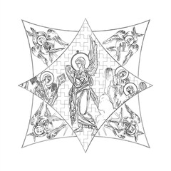 An Angel. Cross dome with 4 apostles, angels and seraphim. Coloring page in Byzantine style