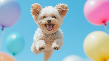 a Maltipoo, small dog breed, jumping with expression of joy, background is blue bright sky and colorful balloons