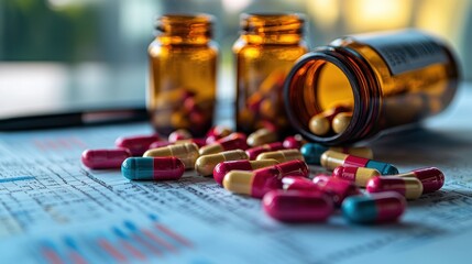 Close-up of colorful medication capsules spilling from bottles onto a medical document, symbolizing health and pharmacy.