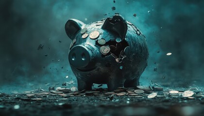 A broken piggy bank spilling coins, symbolizing financial loss and economic challenges in a dramatic and artistic manner.