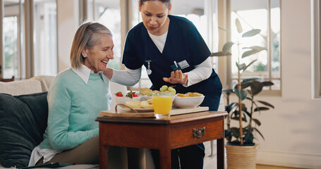 Poster - Senior woman, nurse and breakfast in home with talk, support and happy with nutrition for wellness. People, caregiver and helping hand with food, fruit and advice for diet with smile in retirement