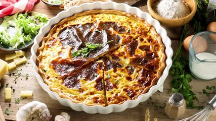 Canvas Print - Close-up of a slice of Quiche Lorraine with salad and a fork – savory French dish perfect for lunch or brunch, combining creamy custard with bacon and cheese.
